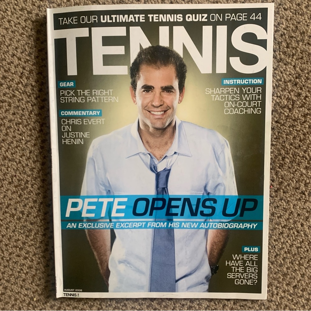TENNIS Magazine Aug. 2008 Pete Sampras cover issue & article on Agassi rivalry